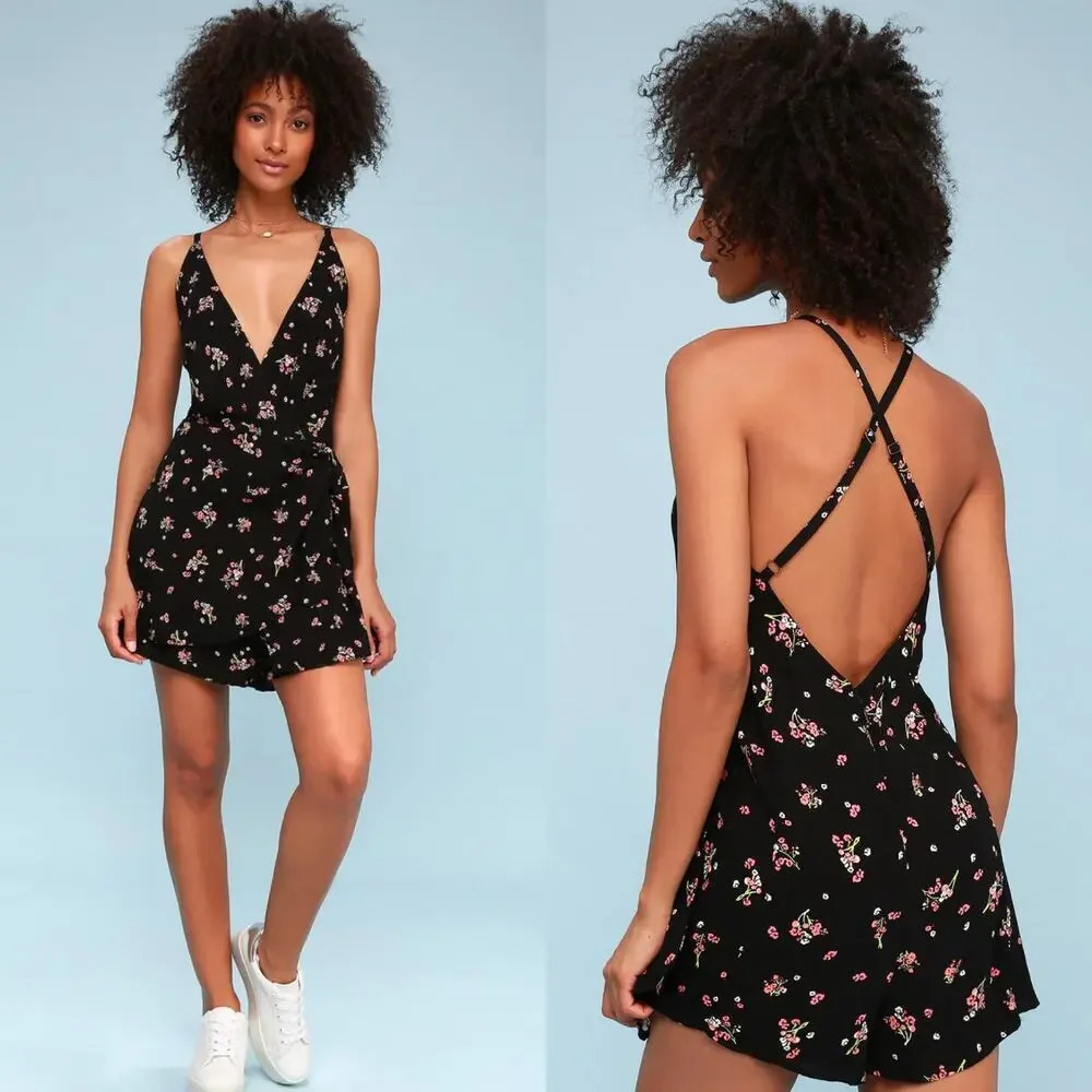 Free People Tango at Night Black Floral‎ Print Wrap Romper Size 2